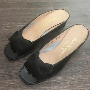 Salvatore Ferragamo Patent Peep Toe Bow Slides